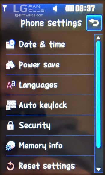 Reset settings LG Cooky, Brio, Viewty Snap
